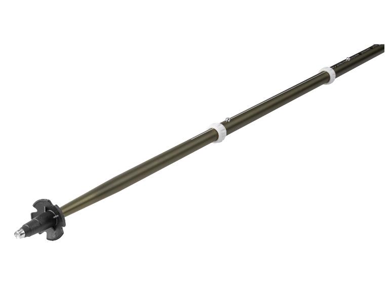 Bâton de randonnée télescopique vert avec pointe et rondelle noires.