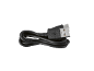 Câble USB noir enroulé sur fond blanc.