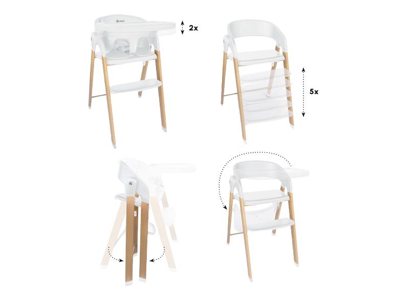 Chaise haute pour bébé avec fonctions réglables, y compris plateau, repose-pieds et pieds pliables.