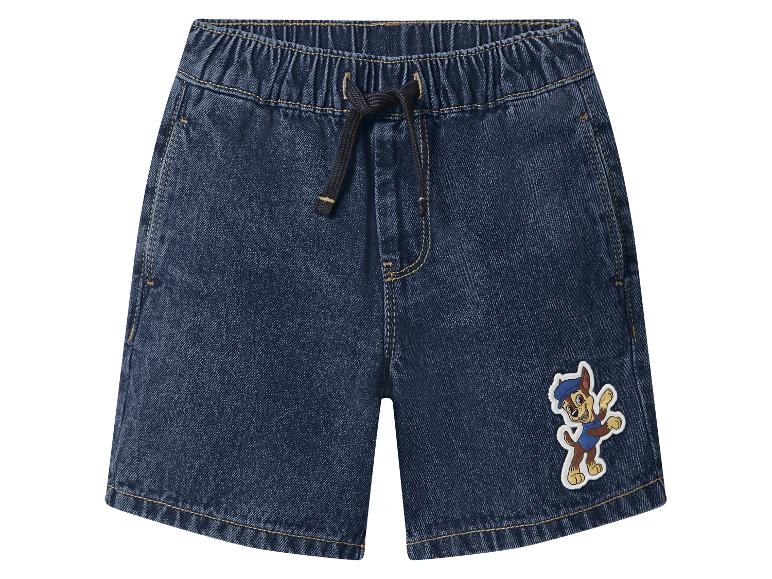 Short en jean bleu foncé avec taille élastique et motif de chiot.