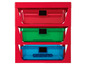 Un casier de rangement rouge avec trois tiroirs transparents pour les briques LEGO.