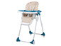 Une chaise haute Bebe confort bleue et beige avec des roulettes.