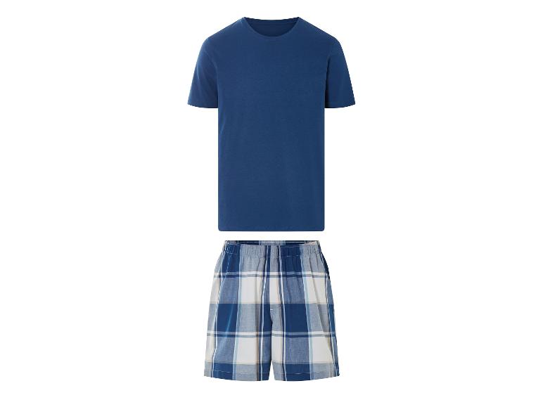 Pyjama bleu marine : t-shirt et short à carreaux.