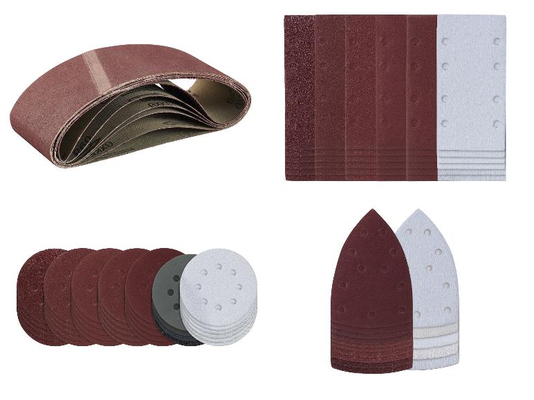 Assortiment de papiers de verre: bandes, formes rectangulaires, rondes et triangulaires.