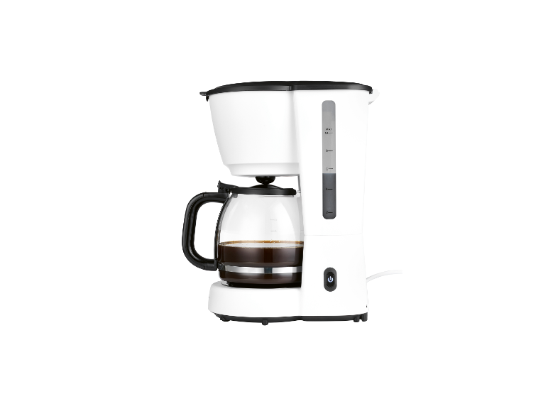 Une cafetière blanche avec une carafe en verre pleine de café.