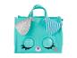 Un sac turquoise avec des oreilles de lapin et de grands yeux.