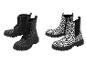 Deux paires de bottes pour enfants : une noire à paillettes, l'autre à imprimé léopard noir et blanc.