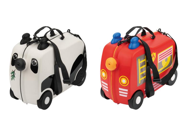 Valises pour enfants en forme de panda blanc et de camion de pompiers rouge.