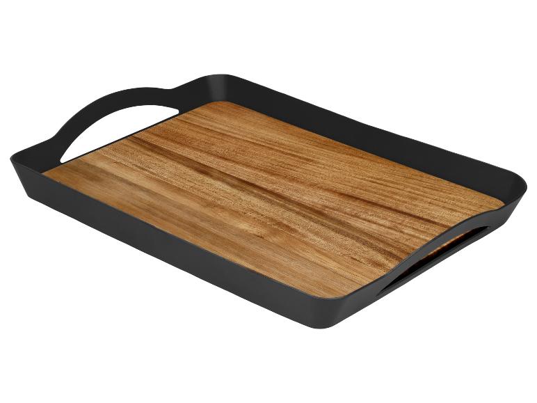 Plateau de service rectangulaire noir avec base en bois