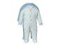 Deux grenouillères en coton pour bébé, une rayée bleu et blanc et une unie bleue.