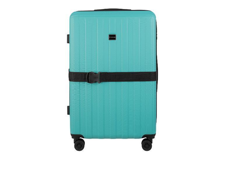 Une valise Topmove turquoise à roulettes.