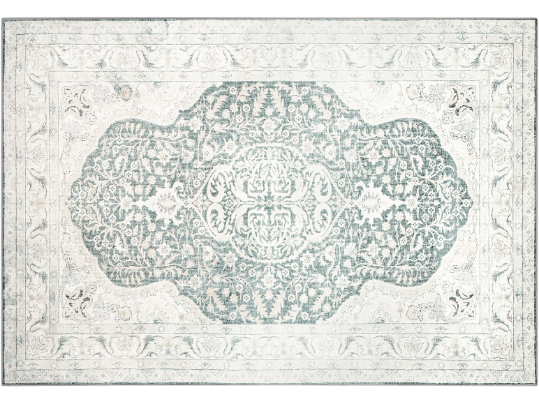 Tapis gris et blanc à motifs avec un médaillon floral