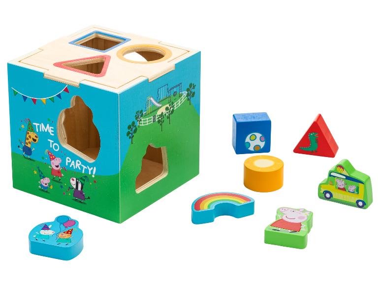 Boîte à formes en bois avec des personnages de Peppa Pig.