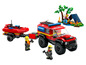 Un camion de pompiers LEGO avec un bateau, deux figurines et un camping.