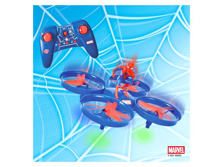 Drone Spider-Man avec télécommande, sur fond bleu toile d'araignée.