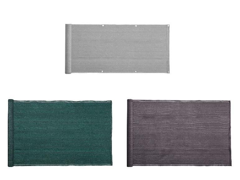 Voiles d'ombrage gris, verts et marron pour balcon ou clôture.