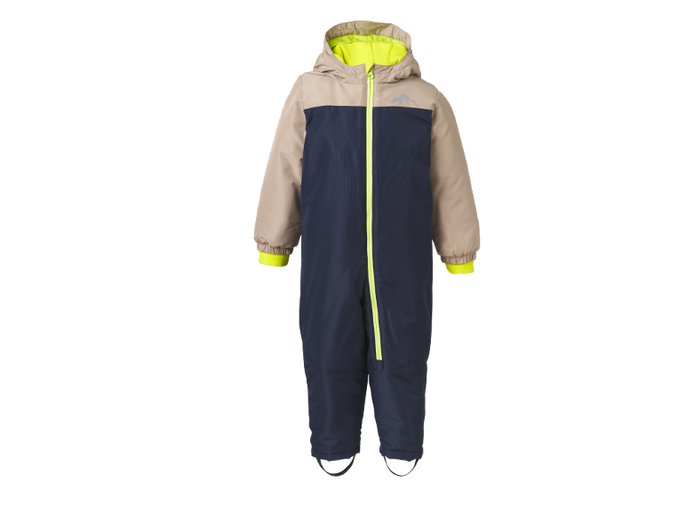Combinaison de neige enfant bleu marine et beige avec fermeture éclair et doublure jaune fluo.