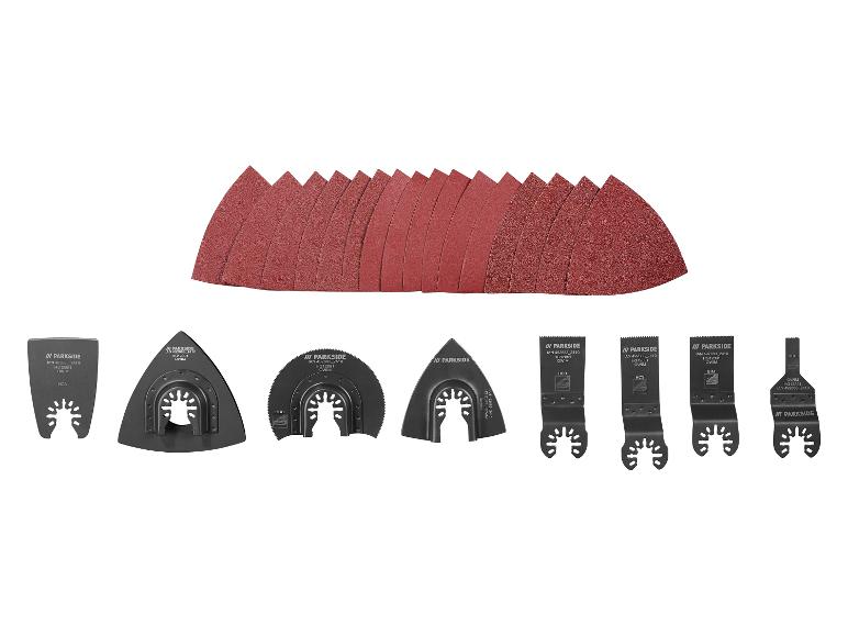 Ensemble d'accessoires pour outils multifonctions, comprenant des lames de scie et du papier de verre triangulaire.