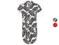 Une robe blanche à manches courtes avec un motif de feuilles noires.