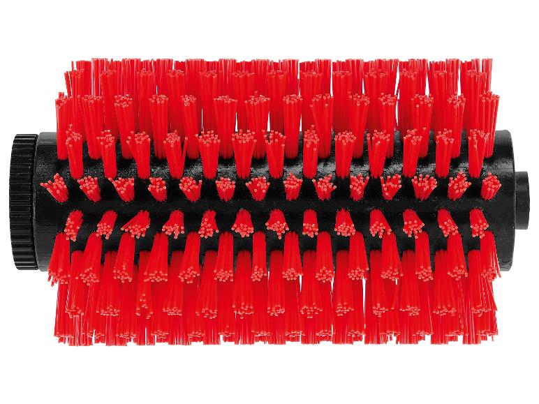 Brosse cylindrique rouge à poils rigides pour nettoyage industriel.