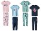 Quatre ensembles de pyjamas pour enfants : rose Minnie Mouse, bleu Stitch, vert Mickey Mouse et bleu marine Spider-Man.