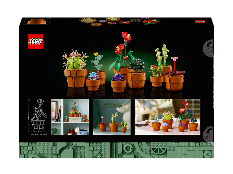Boîte Lego avec différents types de plantes, y compris un cactus et une plante carnivore.