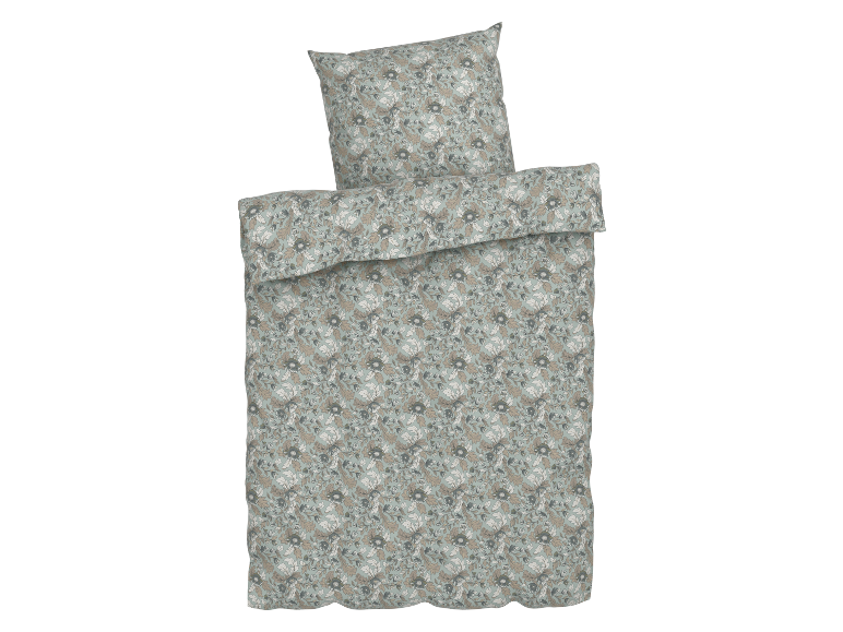 Parure de lit florale dans des tons gris-verts.