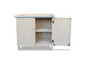 Une armoire de rangement en bois avec un plan de travail et une porte ouverte.