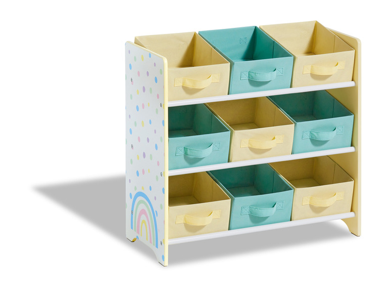 Une armoire de rangement avec six paniers en couleurs pastel avec un motif arc-en-ciel.