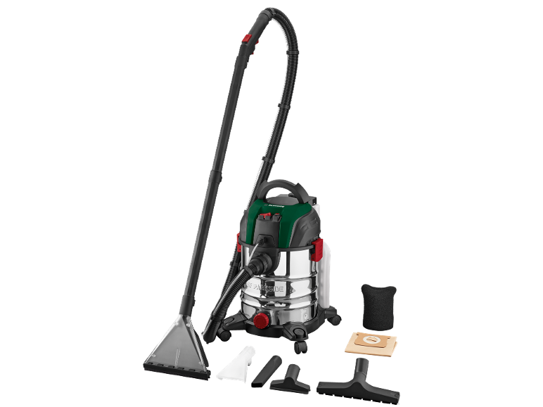 Aspirateur eau et poussière avec diverses buses, filtres et accessoires.