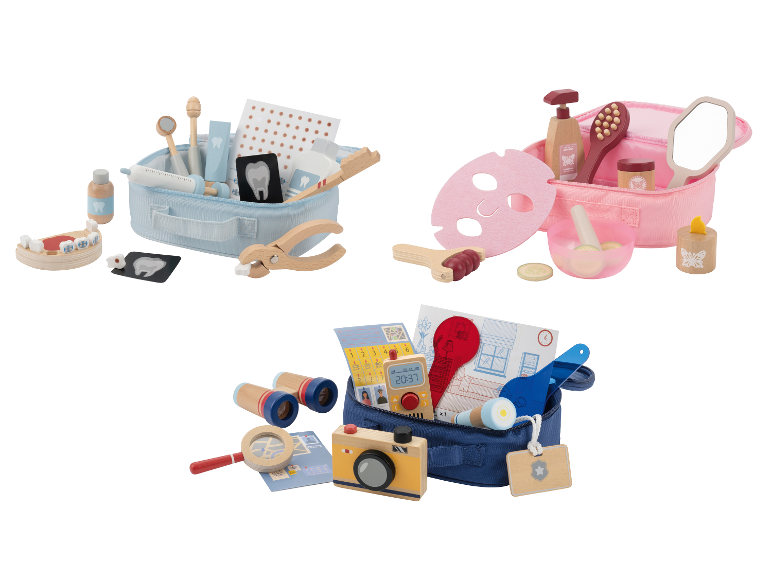 Trois kits de jeu: un kit de dentiste, un kit de beauté/spa et un kit de détective.
