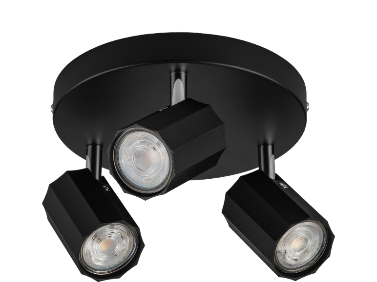 Plafonnier noir avec trois spots orientables et ampoules LED.