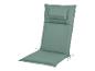 Un coussin de chaise vert avec un coussin supplémentaire pour la tête.