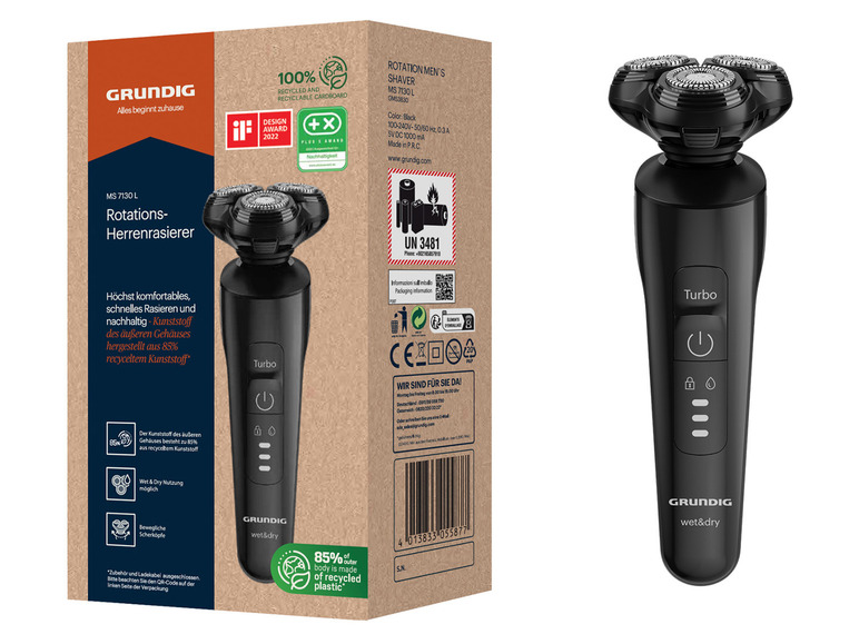 Un rasoir rotatif Grundig Rotations-Herrenrasierer noir avec les mentions 'Turbo' et 'wet&dry'.