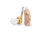 Appareil auditif beige avec tube transparent et anneau doré, avec interrupteur N/O.