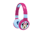 Casque enfant rose et bleu clair avec un personnage de dessin animé.