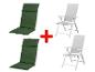 Deux chaises pliantes et deux coussins de chaise verts.