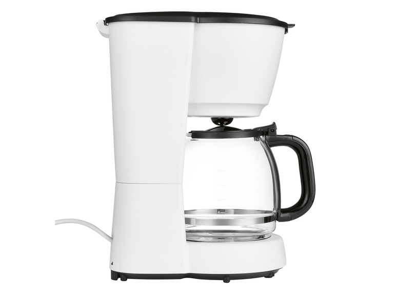 Une cafetière blanche avec une carafe en verre.