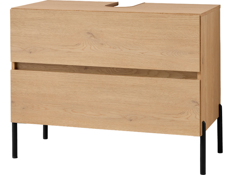 Meuble sous-vasque en bois avec deux tiroirs et pieds noirs.