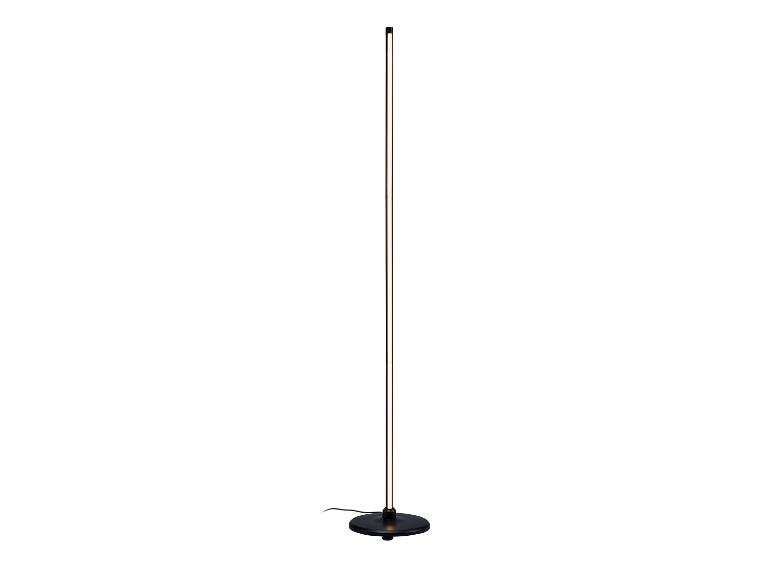 Lampadaire noir avec bande LED verticale éclairée et base ronde.