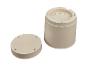 Pot en plastique beige avec drainage et base séparée indiquant les dimensions.