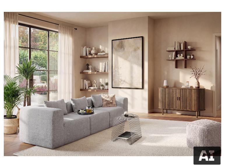 Module d'angle gauche pour canapé modulable LIVARNO® Vacumo dans un salon chaleureux. [image générée par l'IA]