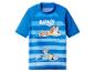 Haut de protection anti-UV rayé bleu avec des chiens de dessin animé nageant et le mot 'BLUEY'.