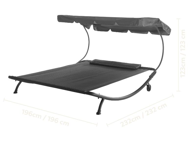 Chaise longue grise avec auvent et dimensions 196 cm, 232 cm et 123 cm.
