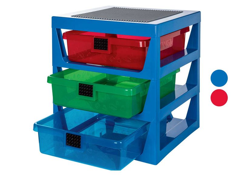 Armoire de rangement bleue avec trois tiroirs transparents pour les briques LEGO.