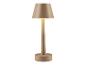 Une lampe de table beige avec un abat-jour rond.