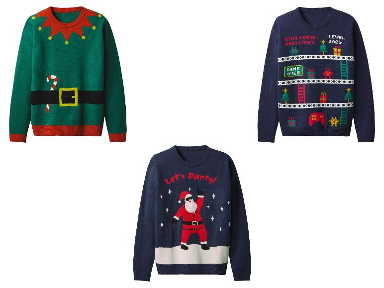 Trois pulls de Noël: un elfe, un jeu vidéo et un Père Noël dansant.