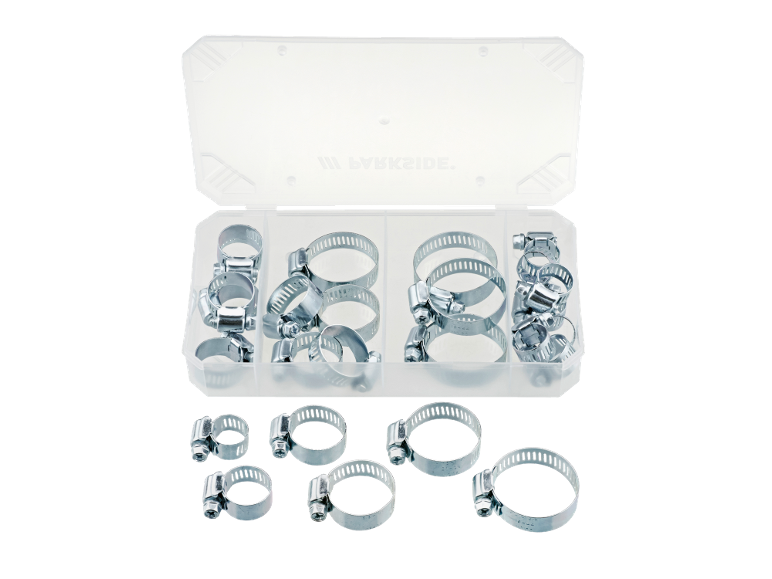 Ensemble de colliers de serrage métalliques de différentes tailles dans une boîte transparente.