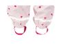 Pantalon de pluie rose pour enfants avec motifs de cœurs rouges et roses clairs et bandes réfléchissantes.