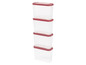 Quatre boîtes de rangement empilables avec des couvercles rouges.
